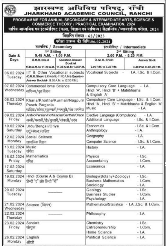 JAC 10th 12th Time Table 2024